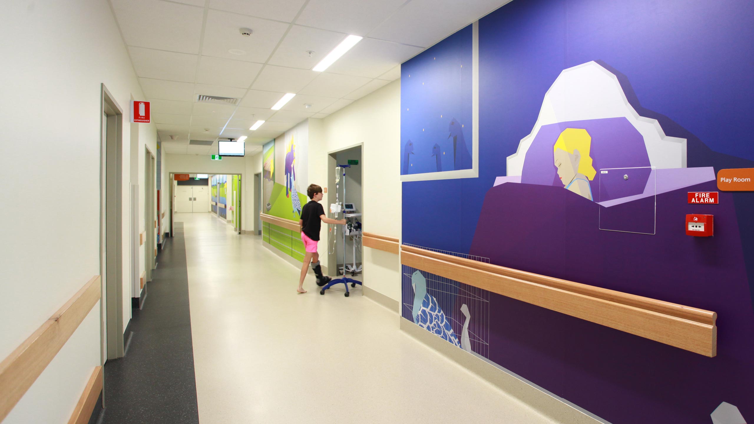 Rachel was selected by the Murrumbidgee Local Health District (MLHD) Arts Strategy Panel to transform 140m2 of space in the Wagga Wagga Rural Referral Hospital Children’s Ward into a healing and hopeful environment using graphic vinyl. The artwork allows staff, patients and visitors to step inside a giant children’s book and follow a timid malleefowl named Mallie on his adventure. Mallie’s story unfolds as you move through the ward, with animals representing doctors and nurses helping him on his journey.